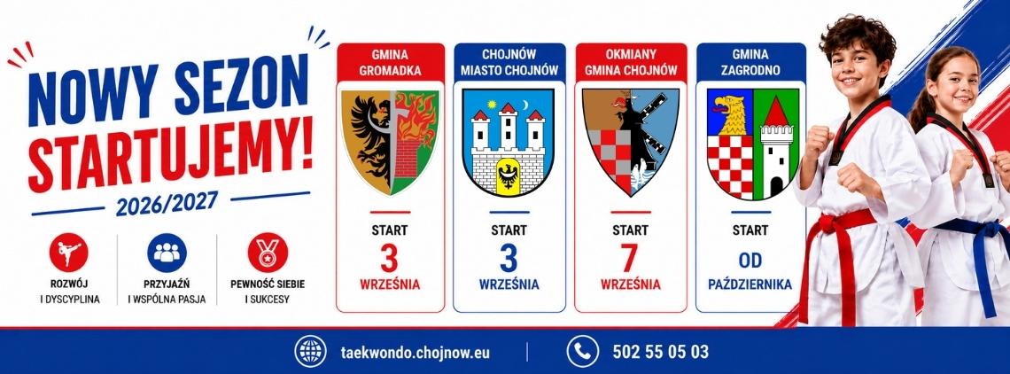 Nowy sezon 2026/2027. Starty zajęć: gmina Gromadka 3 września, miasto Chojnów 3 września, Okmiany i gmina Chojnów 7 września, gmina Zagrodno od października. Kontakt: 502 55 05 03.